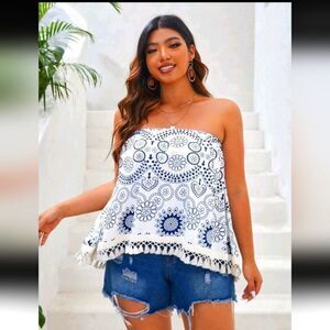 Boho Strapless White and Blue Top